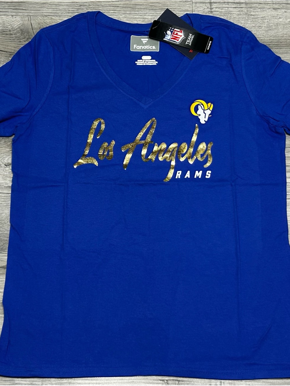 Fanatics Women's Medium Los Angeles Rams NFL V-Neck T-Shirt Blue Gold Foil NWT
